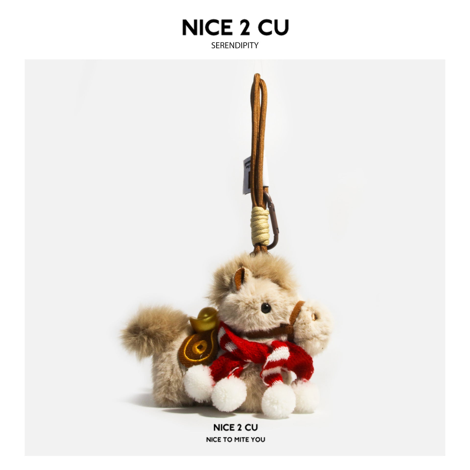 White plush horse ornament with red-and-white checkered double scarf, red hat, and gold ingot charm