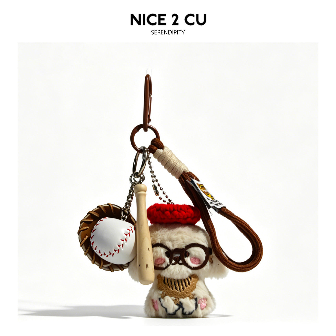 Cream plush dog keychain charm wearing red knitted hat and round glasses with baseball bat and glove mini charms