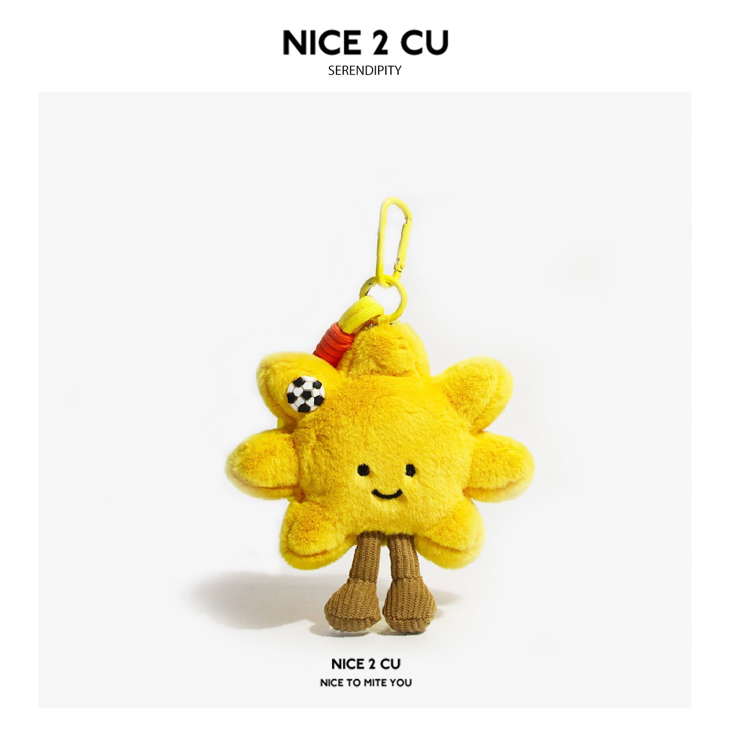 Yellow sunflower plush charm with a small soccer ball motif and yellow strap clip