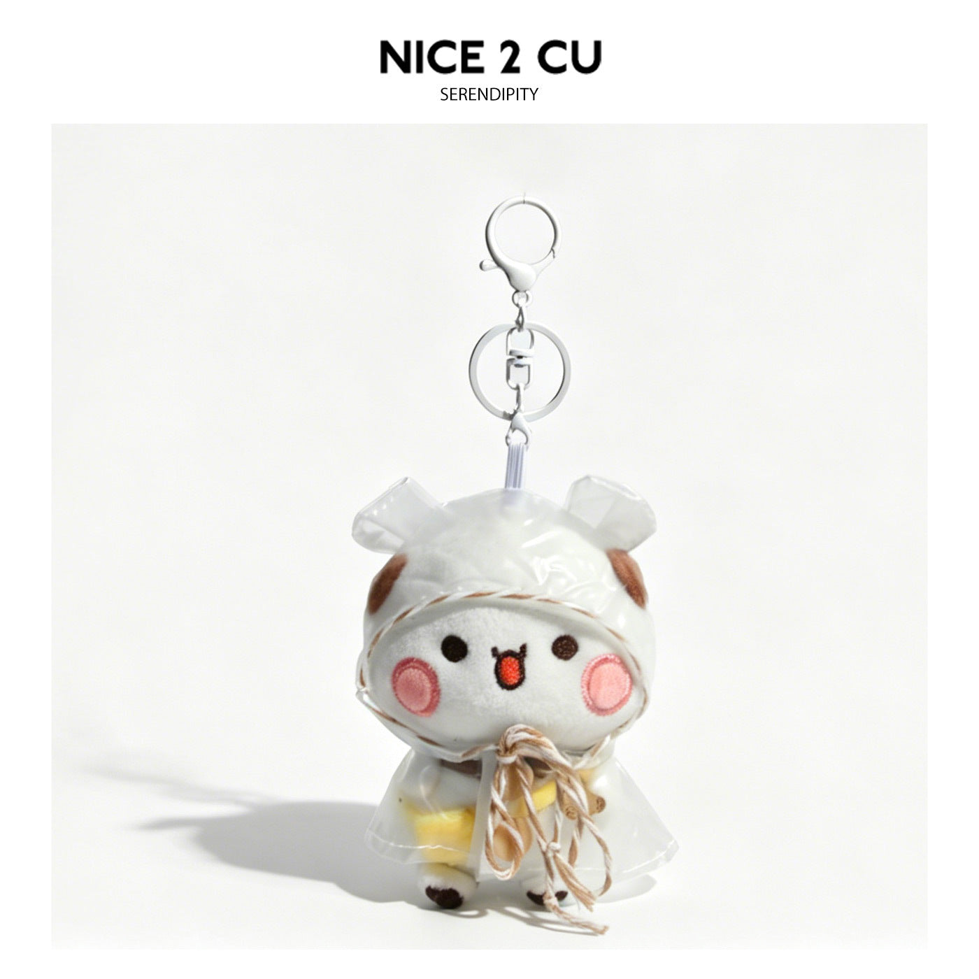 White kawaii plush animal keychain charm wearing a clear PVC raincoat with beige cord ties and silver lobster clasp