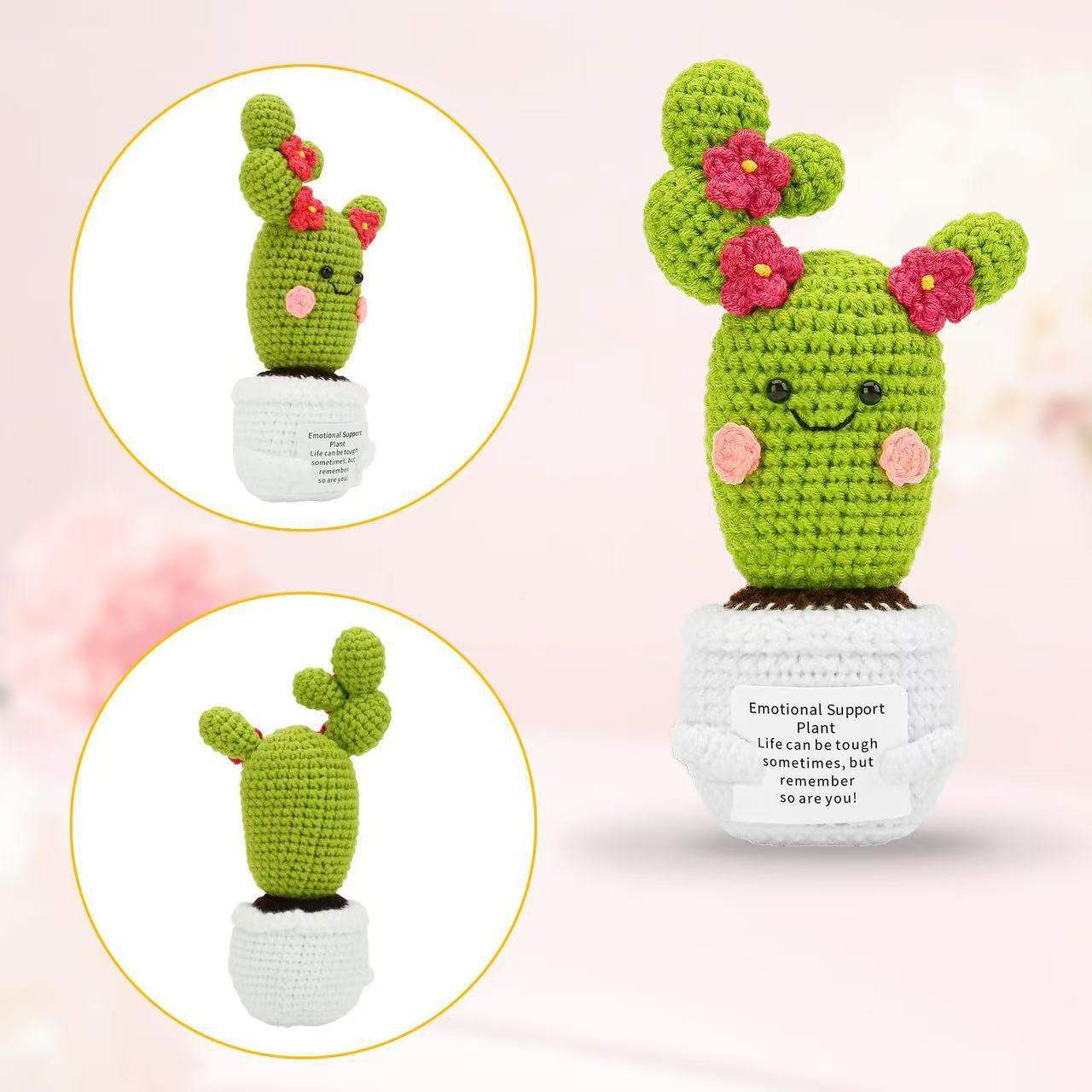 The ZoDoll Emotional Support Cactus Crochet Amigurumi is an uplifting plush gift for tough days, featuring a cute cactus with pink flowers in a white pot. Displayed from three angles, it’s perfect for showing support and encouragement.