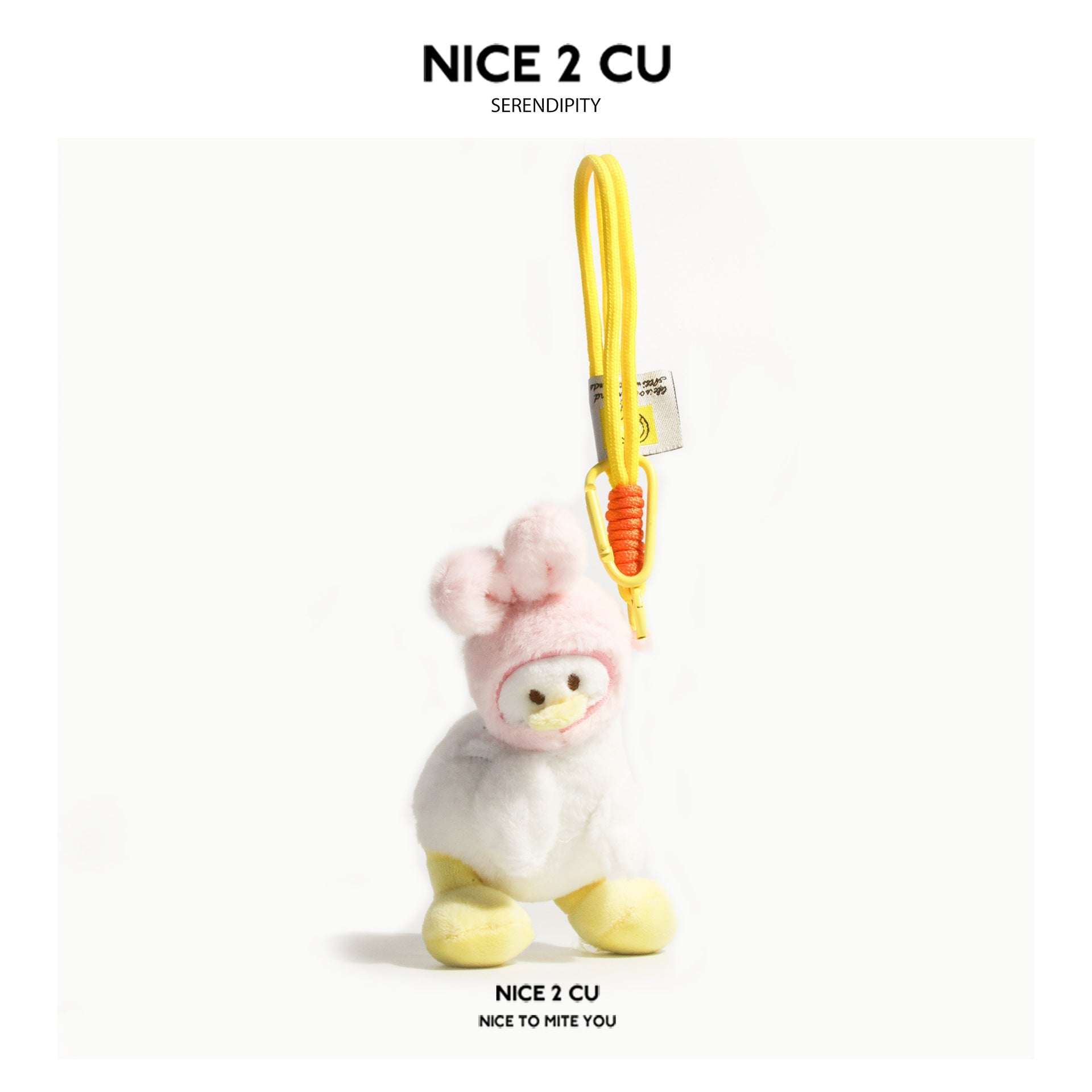 White plush duck keychain with pink hood and pale beak hanging from yellow cord and clip