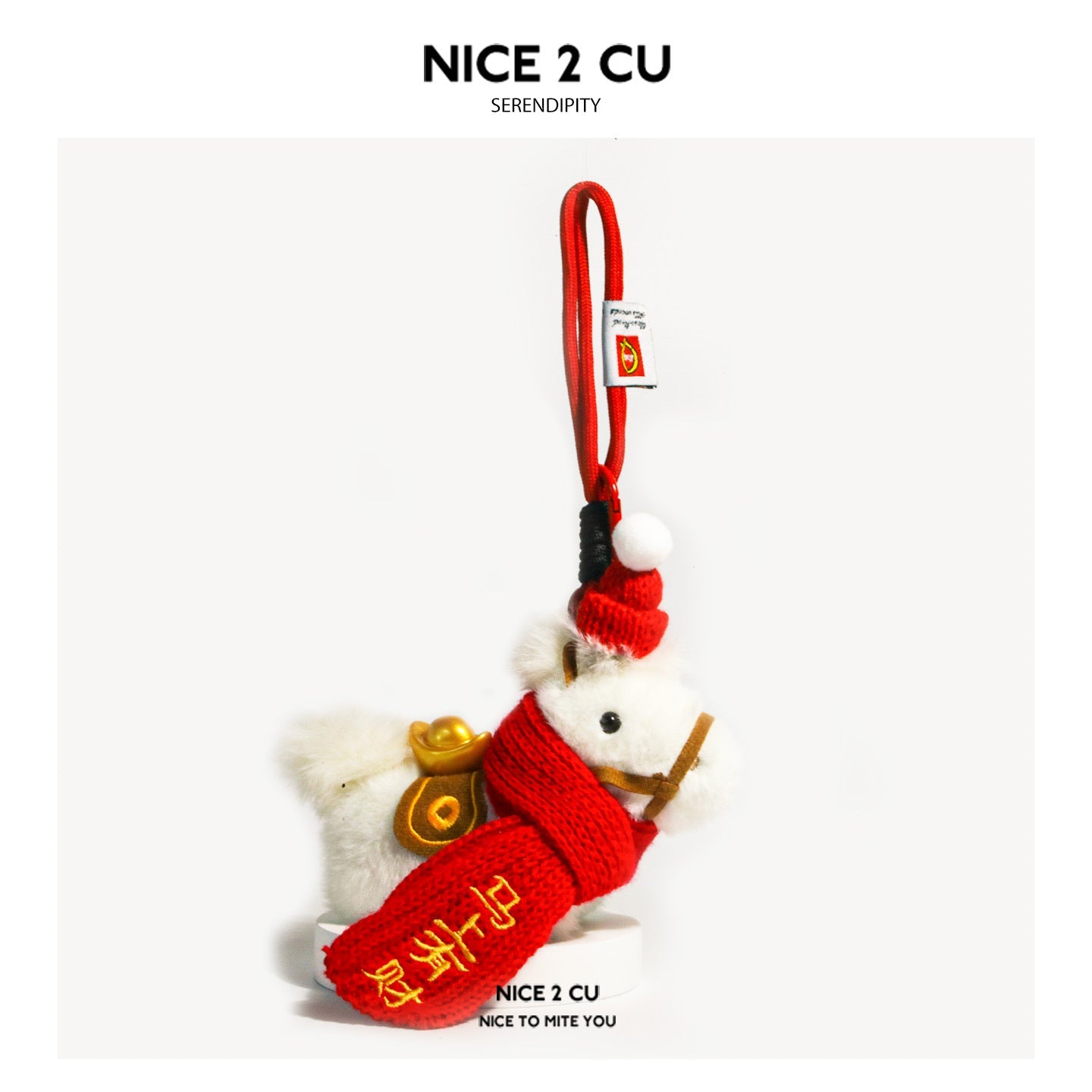 White plush horse charm with red knitted wrap and gold ingot saddle – wealth hook-clip hanging variant