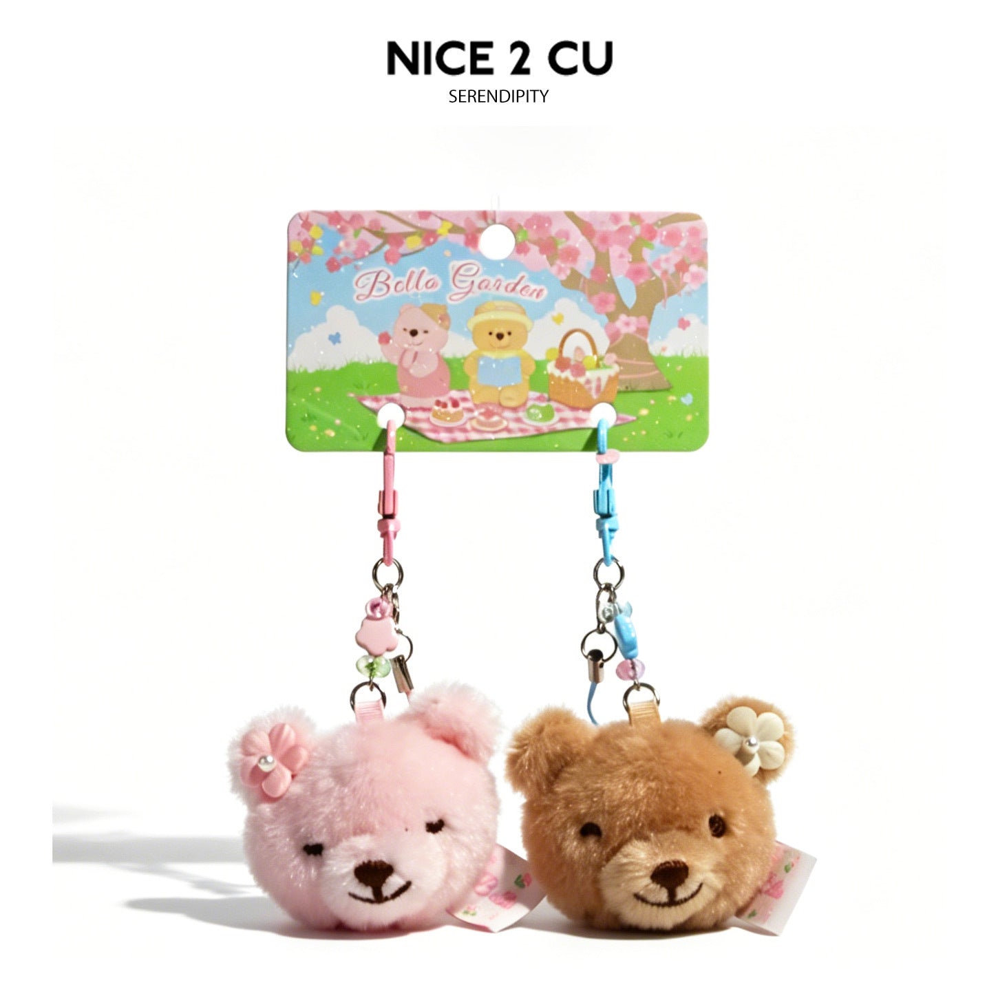 Bello Garden plush bear-head charm pair — pink and tan bears with flower ear accents and swivel clips on illustrated header c