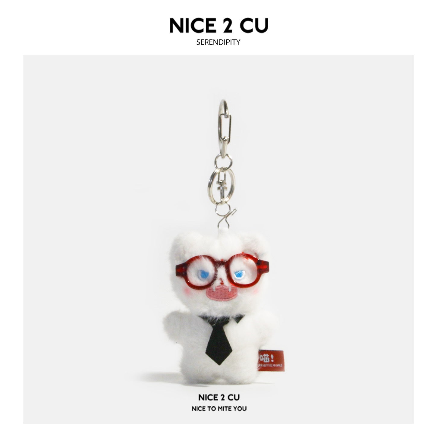 White fluffy plush cat keychain charm wearing red round glasses and a black necktie, with silver lobster-clasp hardware