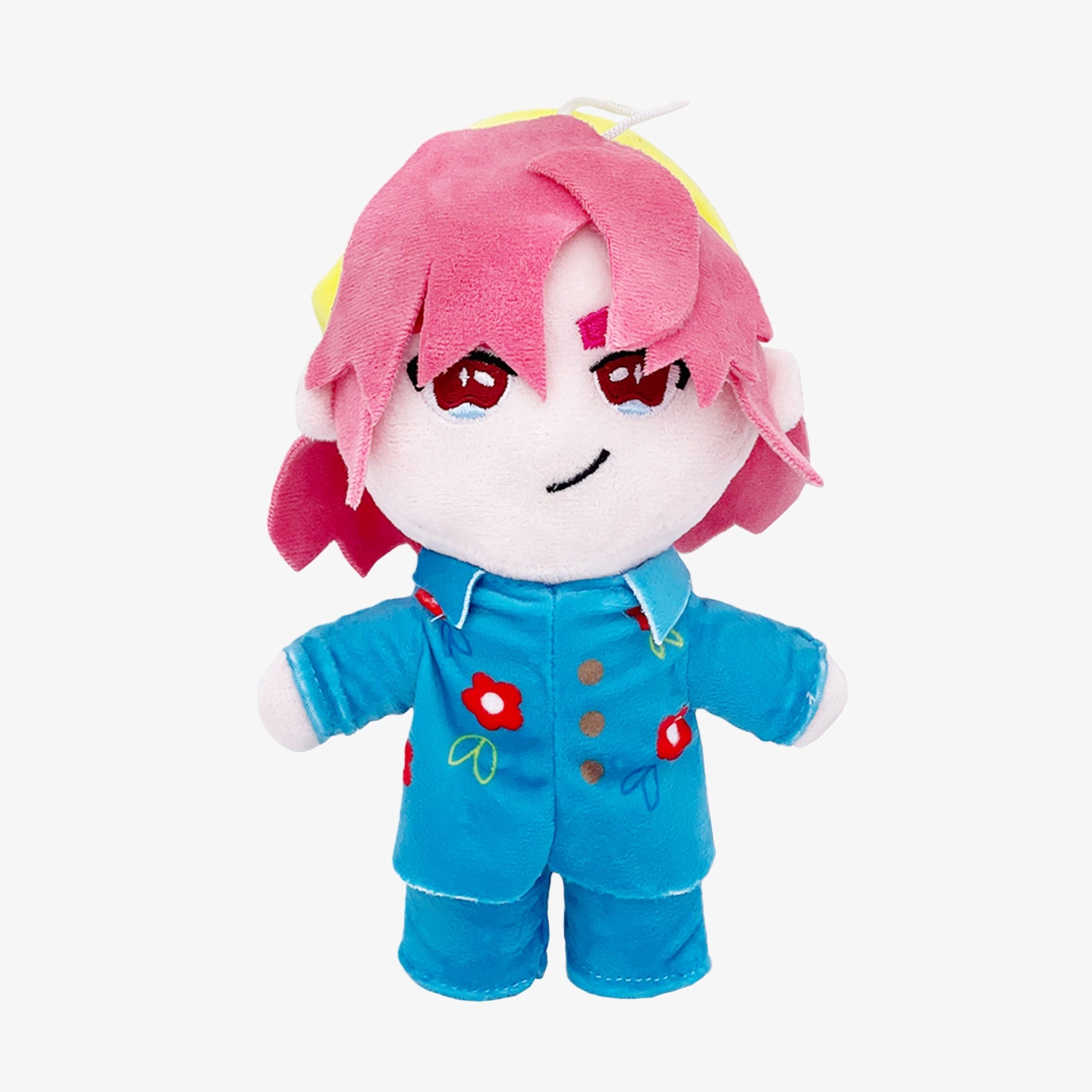 The Demon Hunters Inspired Plush Doll is a 7.9-inch anime-style collectible featuring a female character with pink hair, red eyes, and a blue outfit with red and white floral details. Stands upright against a white background.