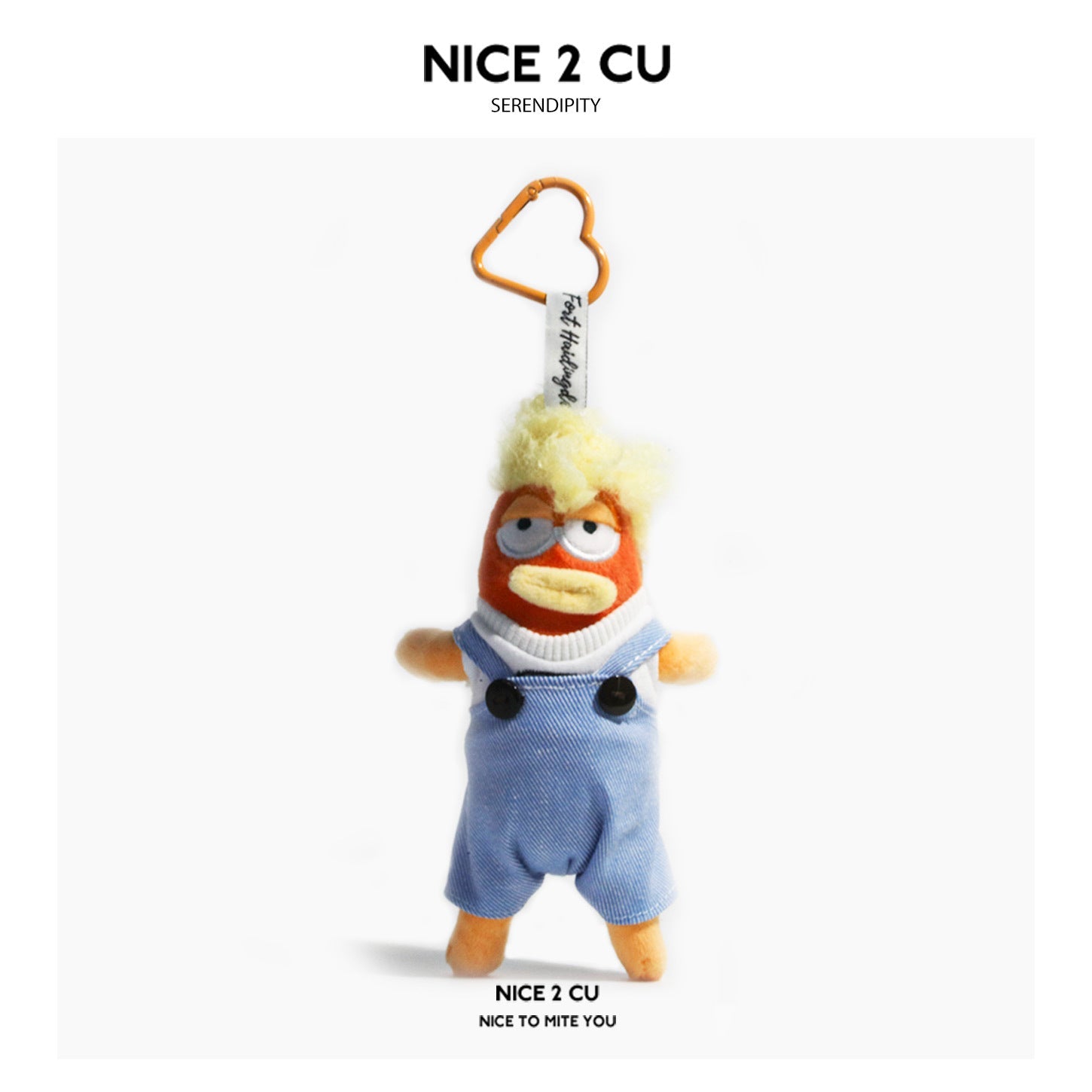 Serendipity plush character bag charm in white tee and light blue denim-style overalls with yellow heart clip