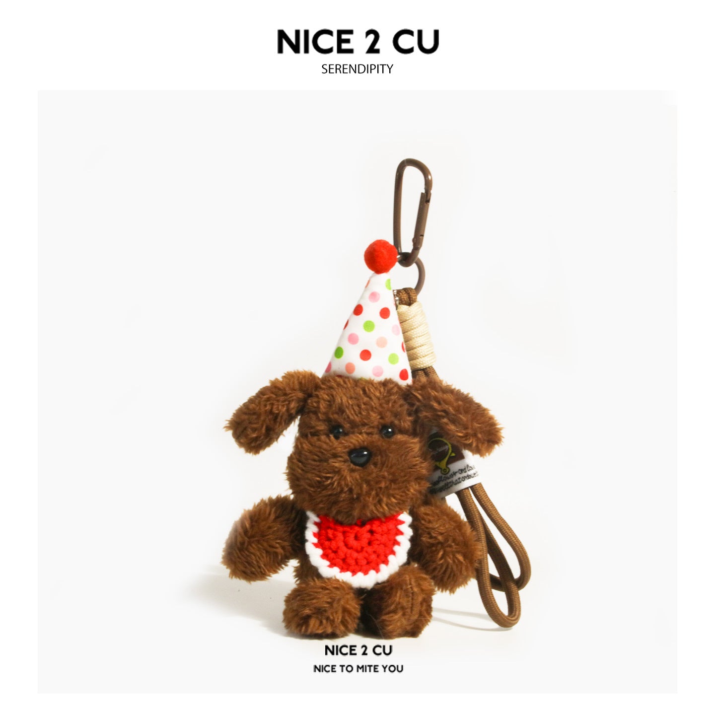 Dark coffee brown plush dog keychain charm with white polka-dot party hat and red bib accent