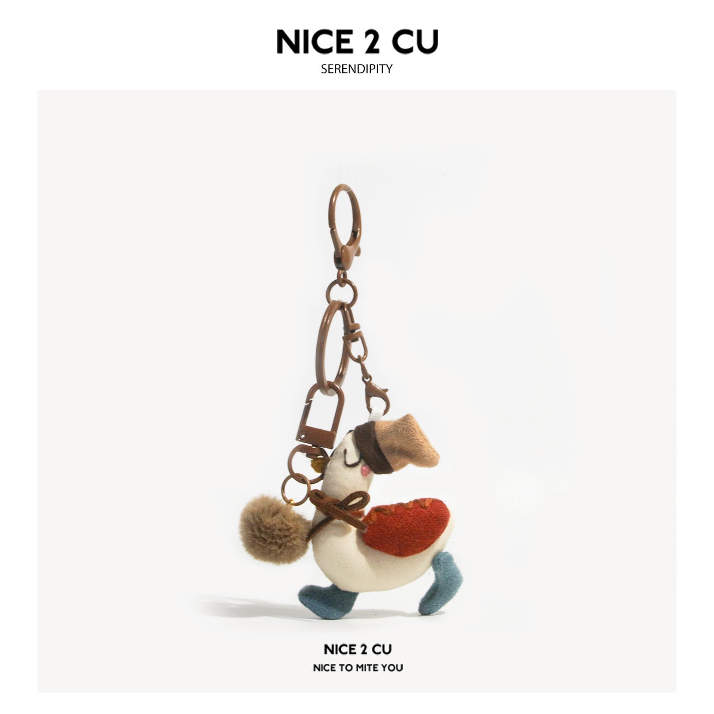 NICE 2 CU white duck keychain charm with orange beak, blue feet, and brown cap on metal hardware