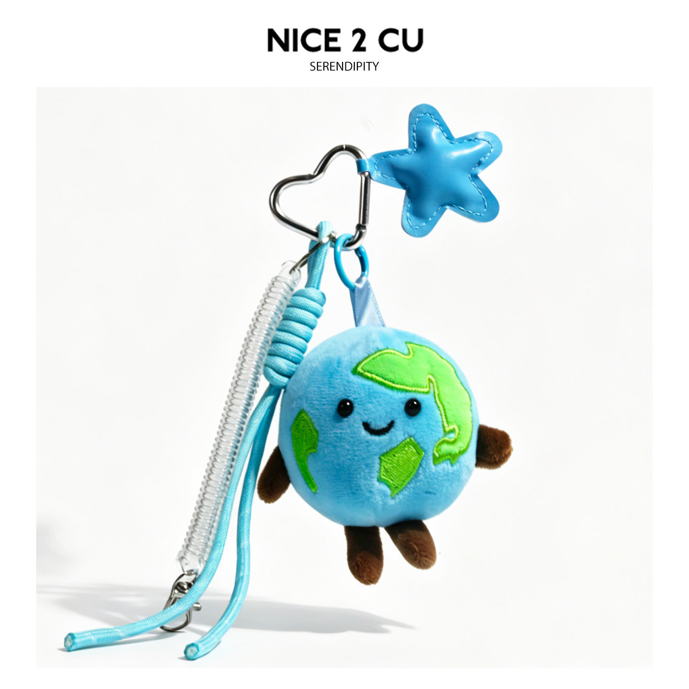 Earth globe plush keychain with heart-shaped metal clasp and hanging charm cluster