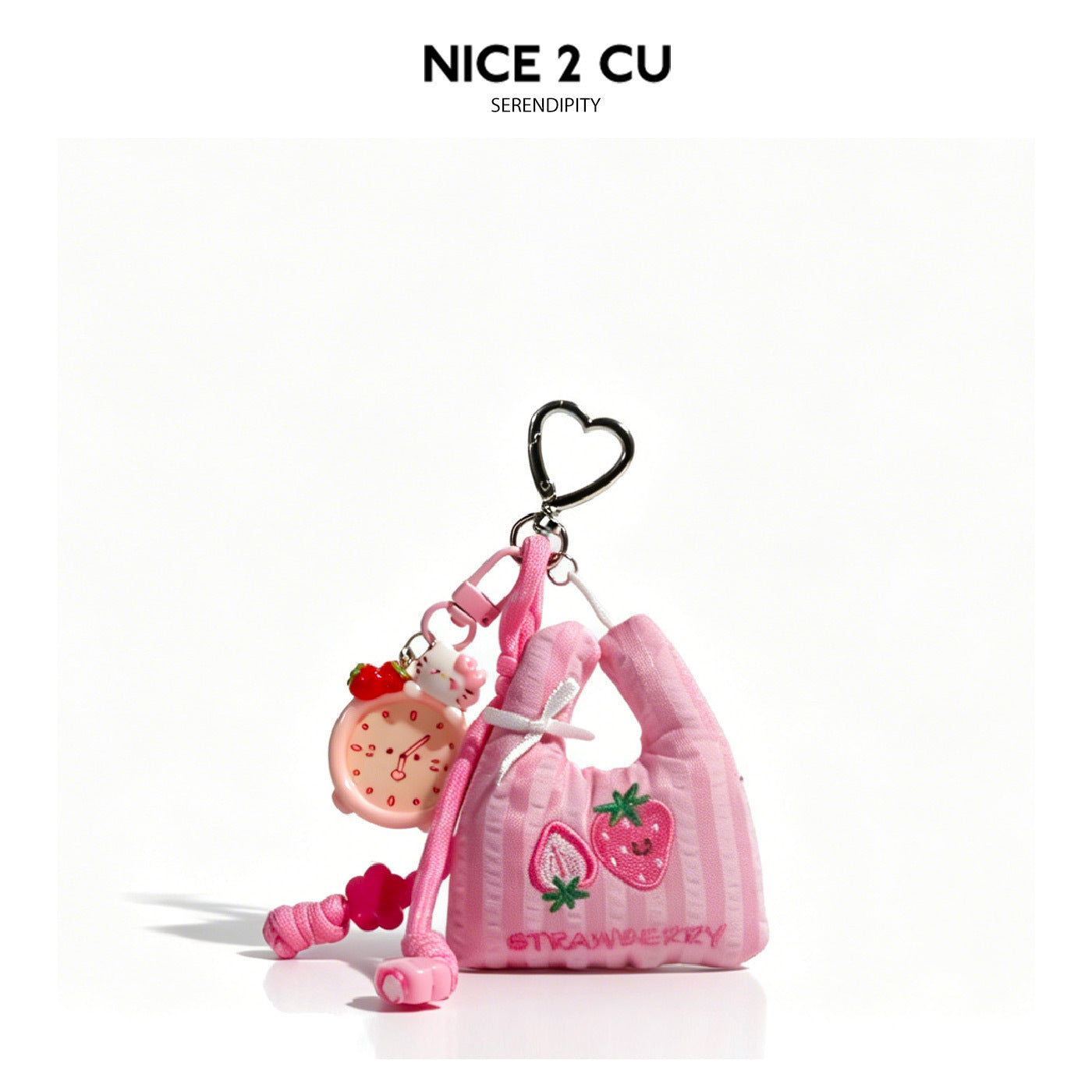 Pink kawaii mini striped bag charm with strawberry embroidery, round pink clock charm, and silver heart-shaped carabiner clip
