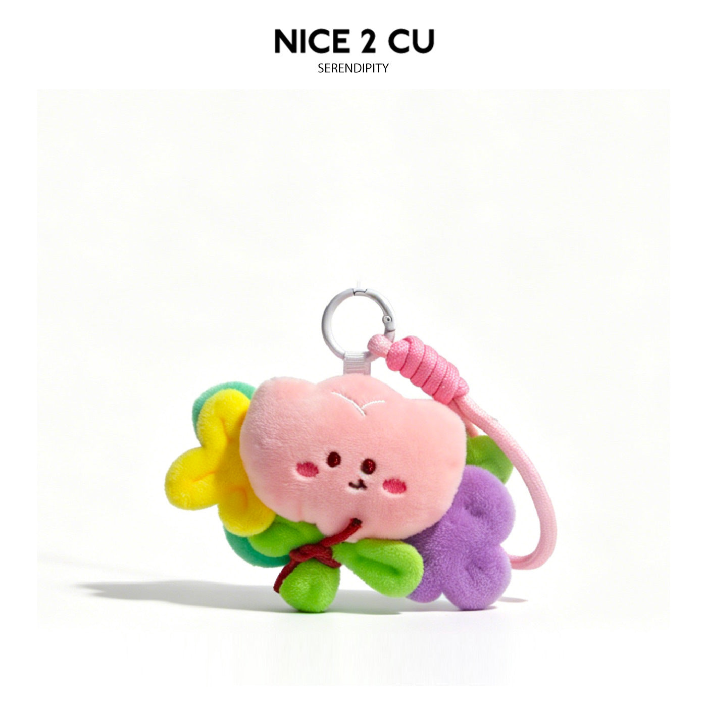 Tulip variant kawaii plush flower keychain with pink smiling face, multicolor petals, and pink cord clip