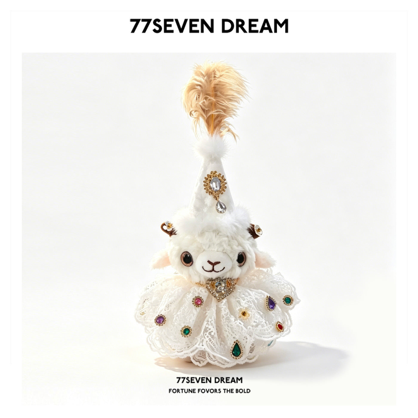 Plush lamb figurine in white lace dress with heart-style jeweled necklace detail and white feathered hat