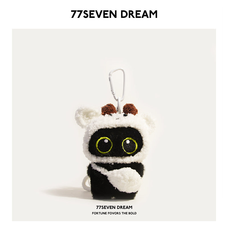 Kawaii black cat plush charm wearing a white sheep hood with brown ear details and top clip