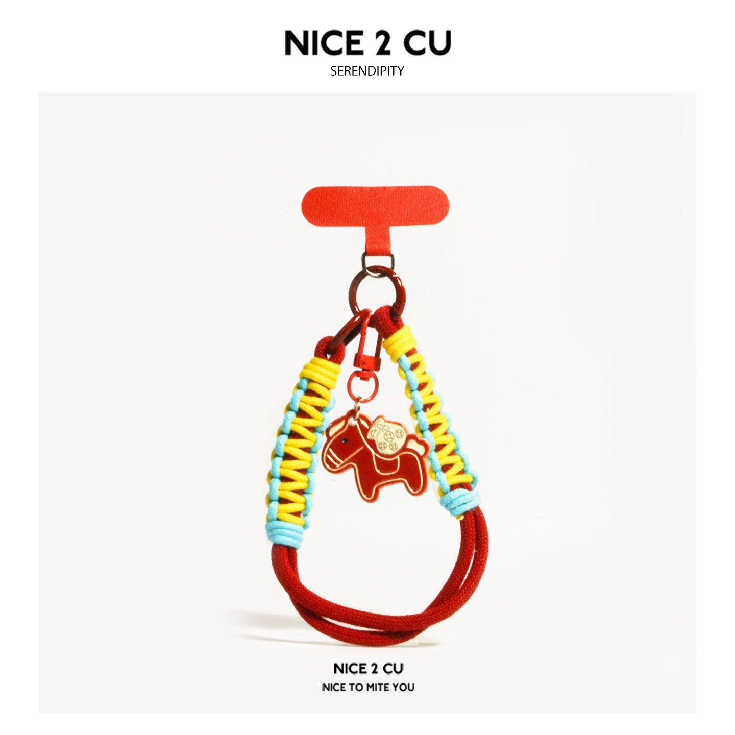 Red yellow and light blue braided wrist strap with red horse charm and T-bar clip