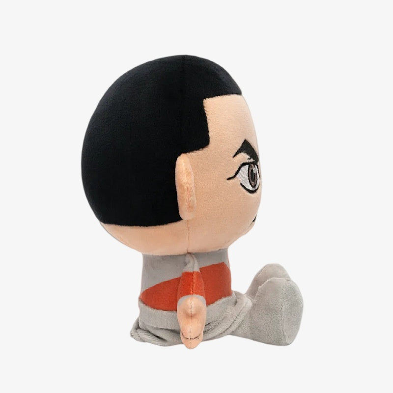 The ZoDoll Invincible Animated Series Plush Toy Collection features an 18x20cm soft superhero doll with black hair, beige skin, and black eyebrows, sitting upright in a gray and orange outfit.