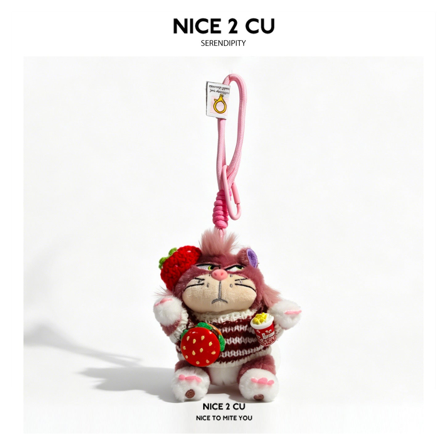 Mauve cat plush charm in a red knit top holding a strawberry-shaped item and a popcorn cup