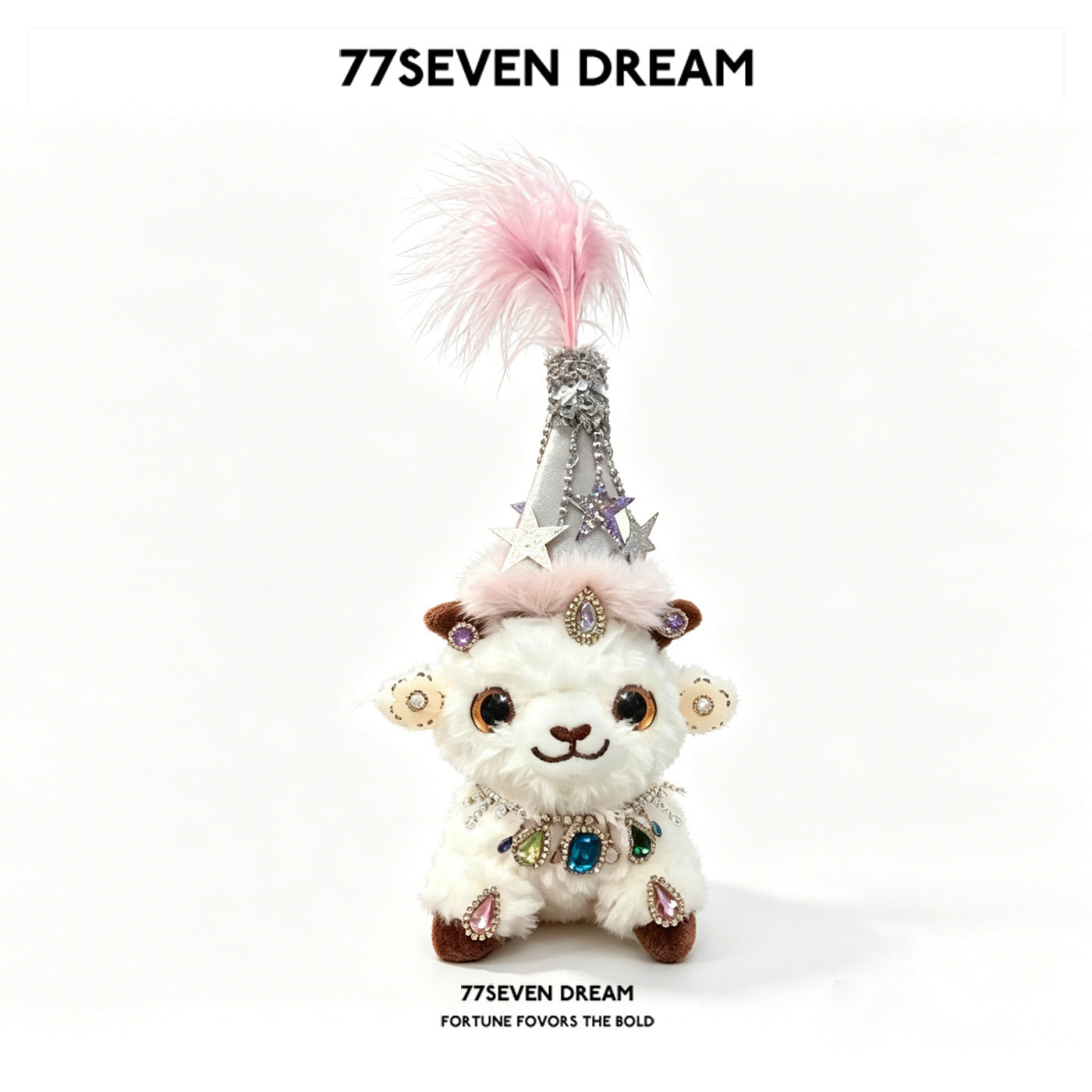 Plush lamb figurine with pink feathered hat and star-shaped dangling ornaments in pink-silver palette