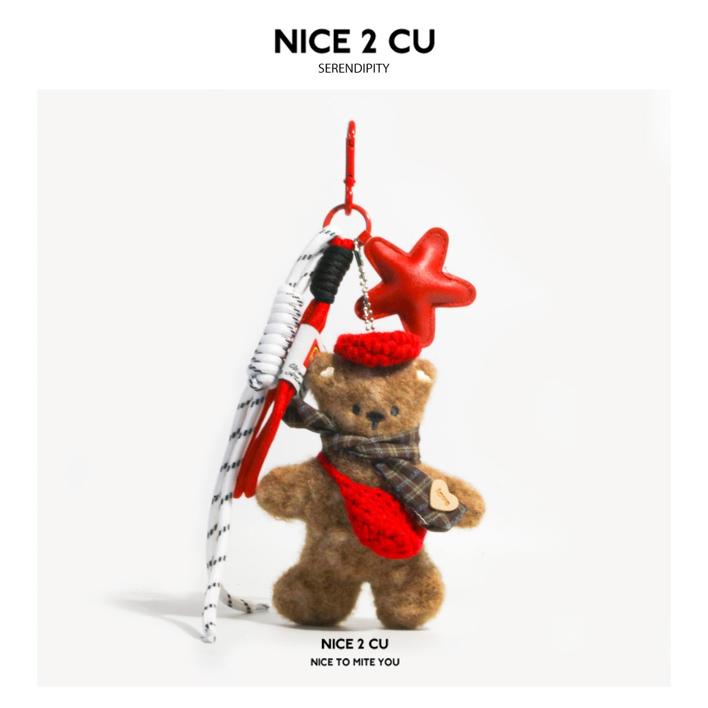 Brown plush teddy bear charm keychain with red knitted beret, plaid scarf, mini bag, and red star pendant on lobster-claw cla