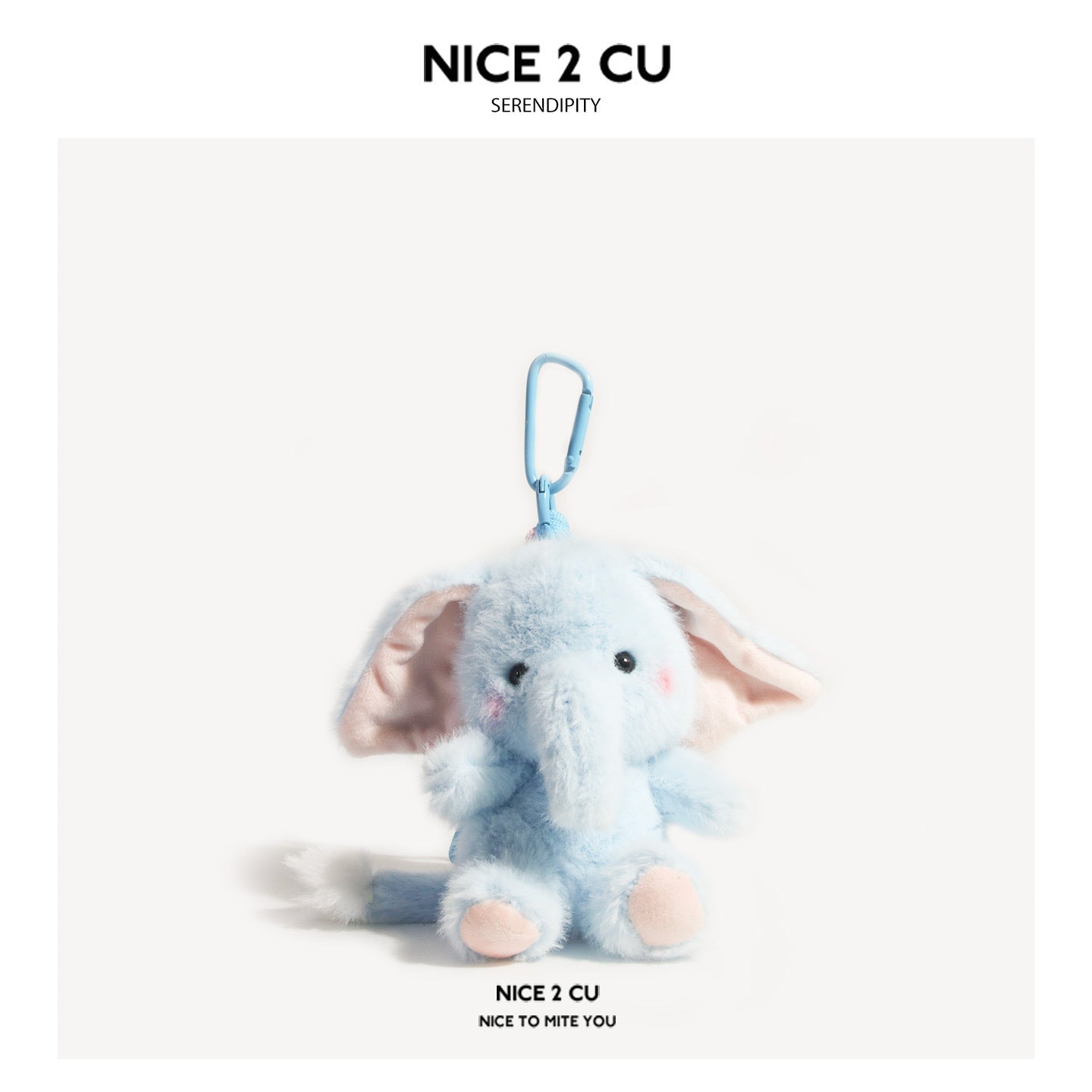 Light blue kawaii elephant plush charm with carabiner clip, pink inner ears, and blush cheeks