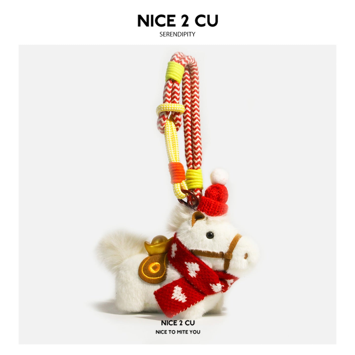 White plush horse charm with red heart-pattern scarf, knitted hat, gold ingot charm, and braided wrist strap