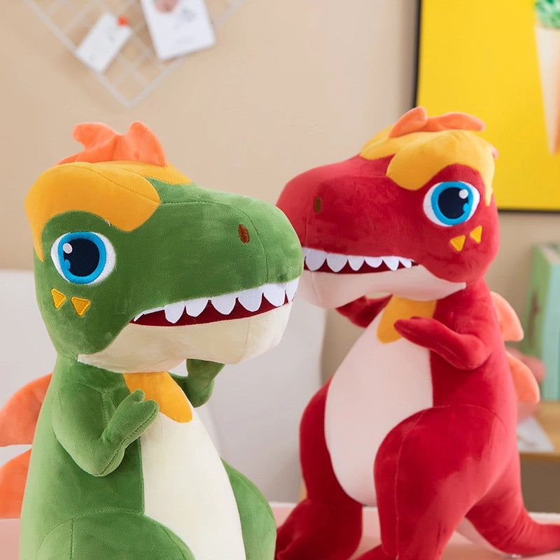 Two ZoDoll T Rex Plush Dinosaur Soft Stuffed Animal Toys, one green and one red with yellow accents, are positioned side by side on a table indoors. Each plush measures 40cm or 50cm and is soft, cute, and perfect as a pillow.