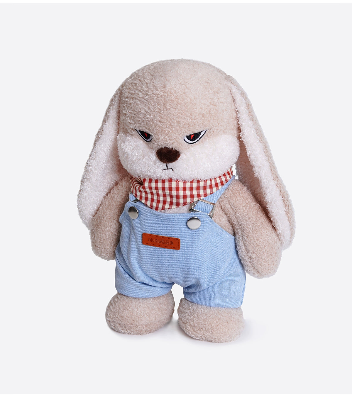 The ZEIO Bunny Plush Toy 35cm features soft light brown fur, long ears, denim overalls, and a red-and-white checkered scarf—this cute stuffed rabbit stands upright on a plain white background, ideal for nursery décor.