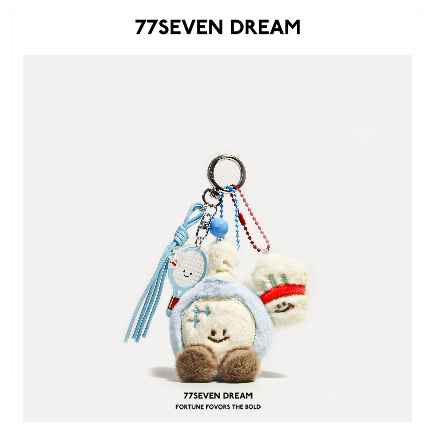 77SEVEN DREAM kawaii badminton shuttlecock plush keychain with blue hood, pom-pom feet, racket charm, and ball-chain lanyard