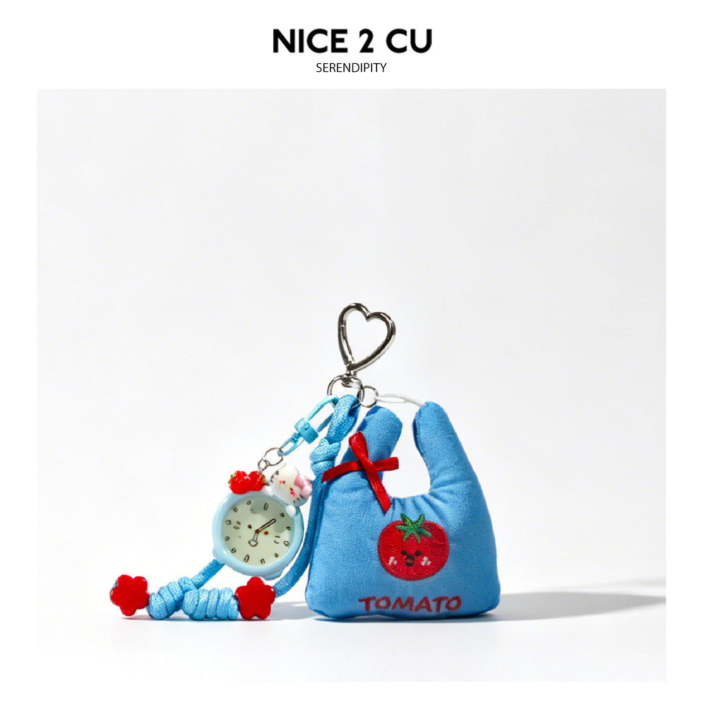 Blue kawaii mini tote bag charm with embroidered tomato character, miniature clock pendant, red strawberry beads, and silver 