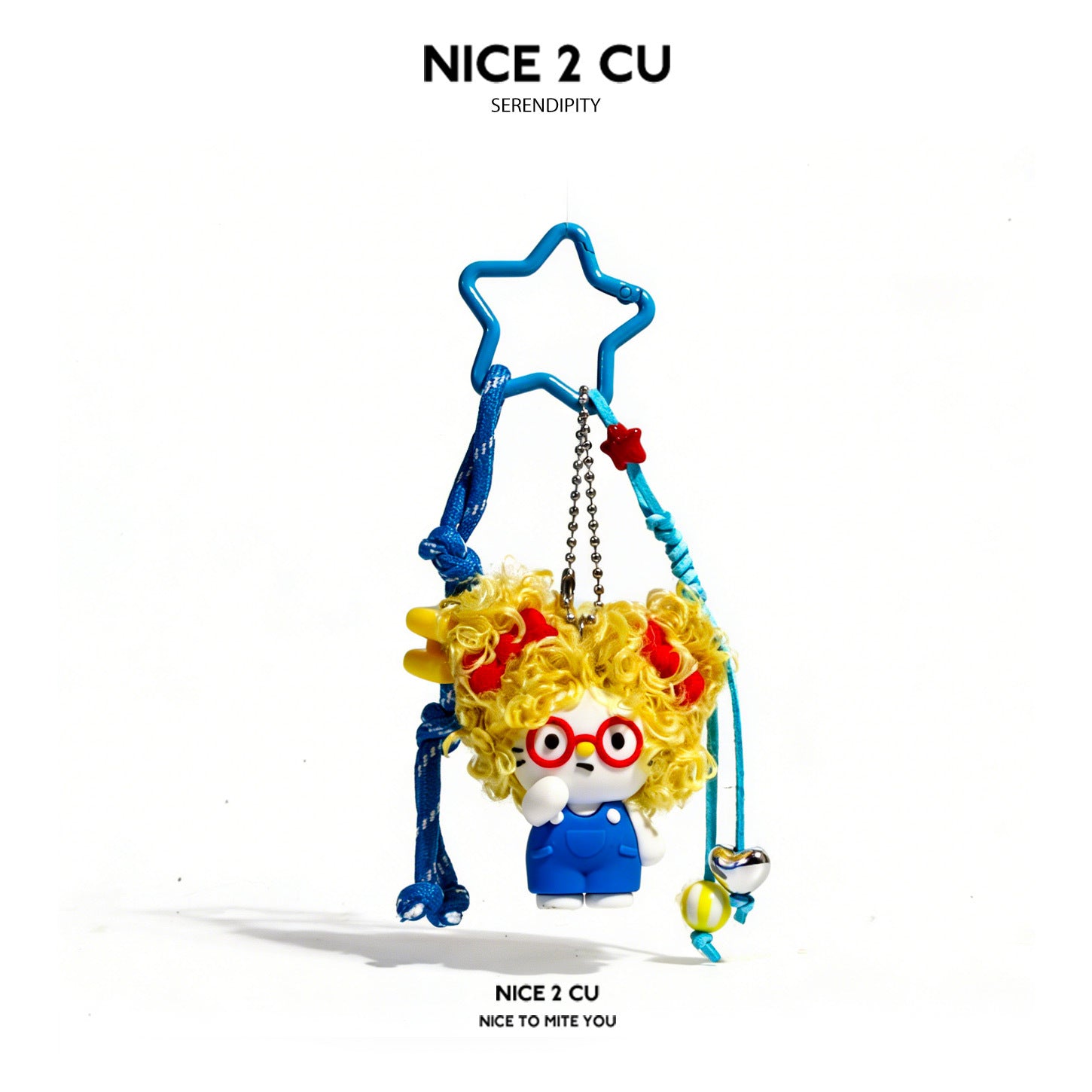 Yellow fluffy-haired hanging character charm with blue star hanger, red glasses, and blue rope accents