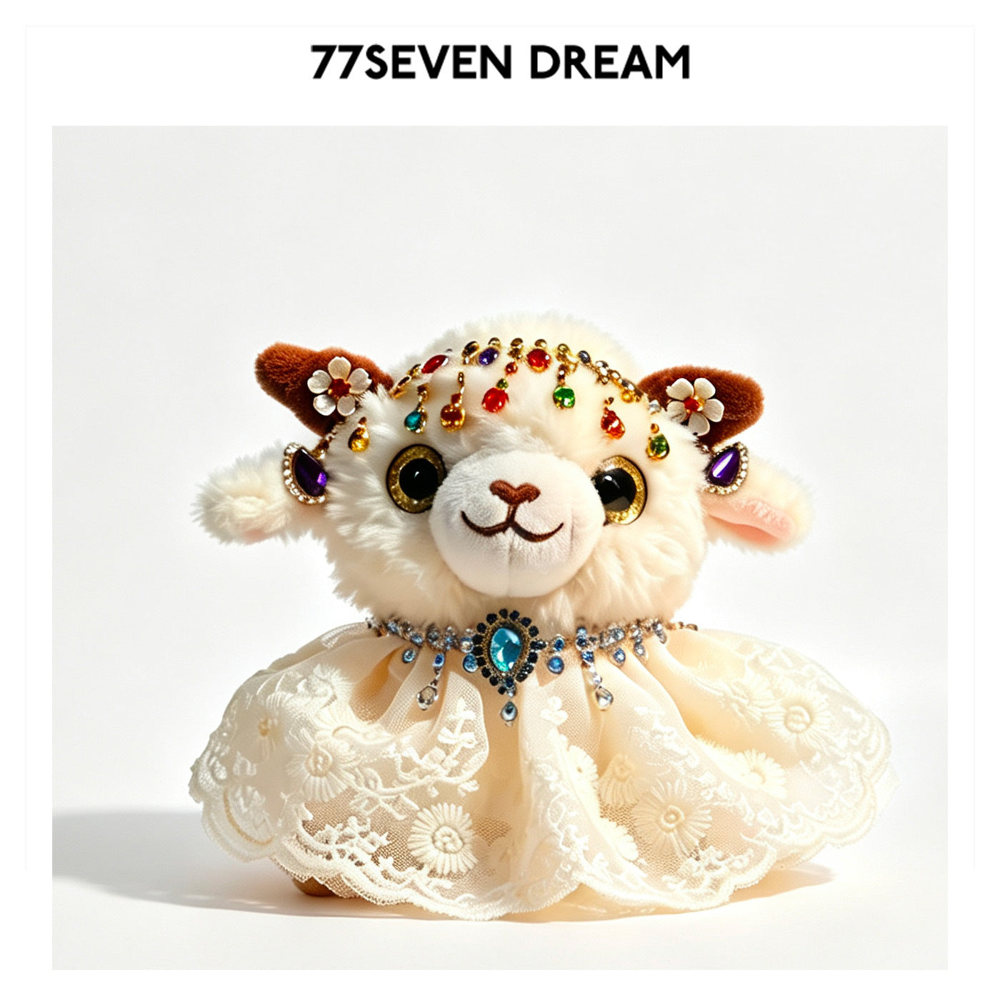 Plush lamb figurine with tall pink hat, white lace skirt, and large central gold ornament