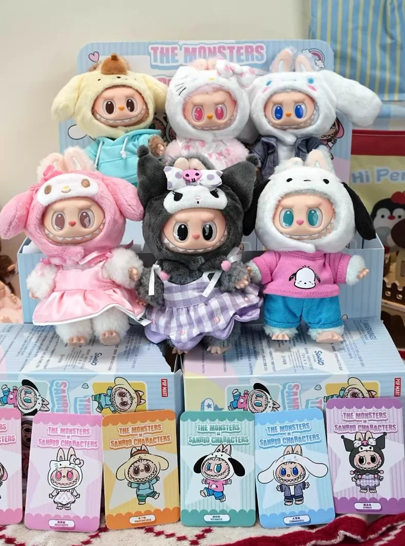 Six LABUBU Hello Kitty and Friends Series Plush Pendant Figures by POP MART are displayed, perfect as Sanrio collectible plush and kawaii accessories for fans and collectors.