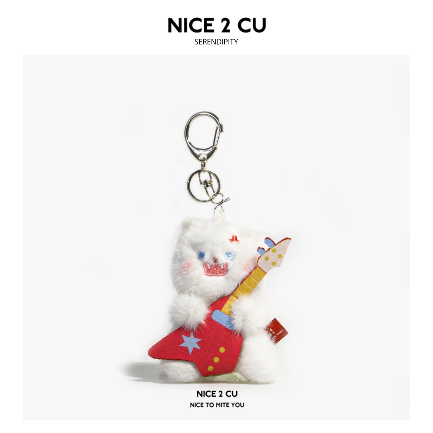 White fluffy plush cat keychain charm holding a red and yellow miniature guitar, with silver lobster-clasp chain