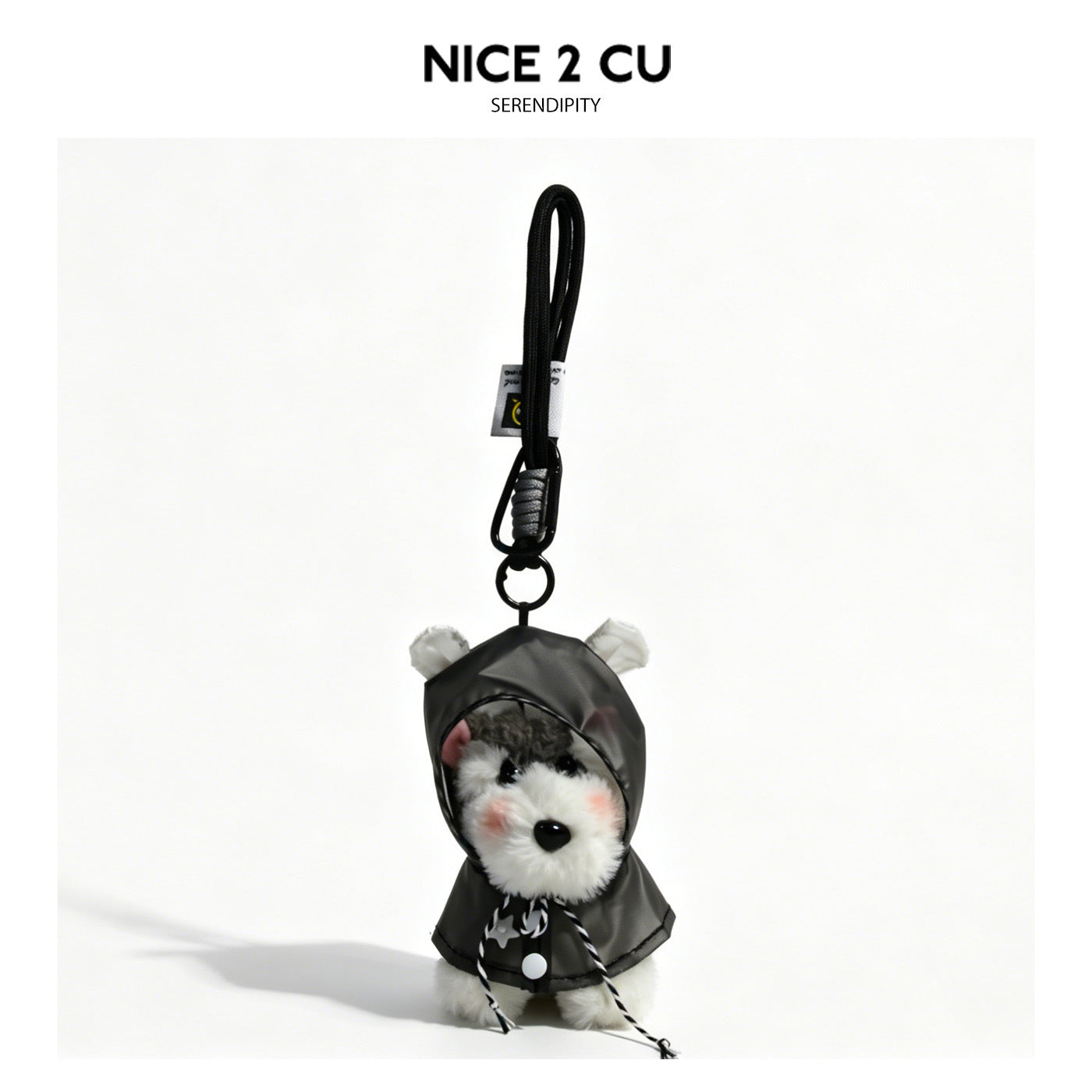 Schnauzer plush charm dressed in a black hooded raincoat with small ear details and black braided lanyard