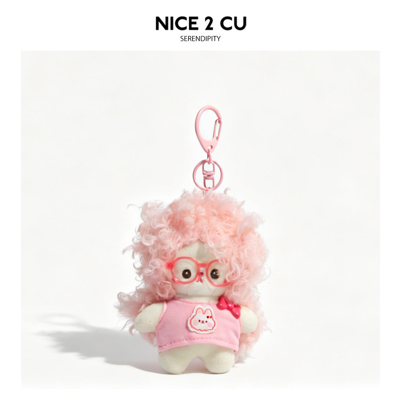 Pink curly-haired kawaii bunny plush keychain charm with round red glasses and embroidered rabbit top