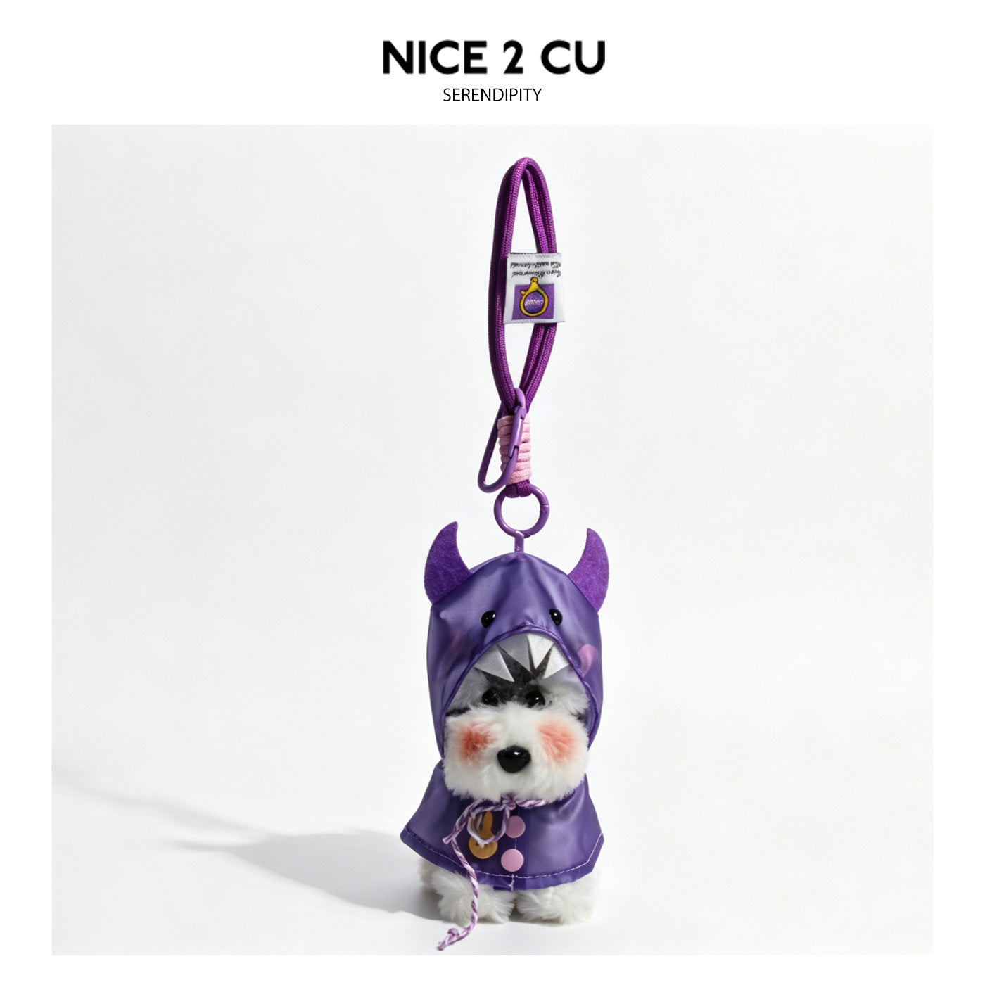 Schnauzer plush keychain in a purple hooded raincoat with pointed horn ear shapes and purple braided strap