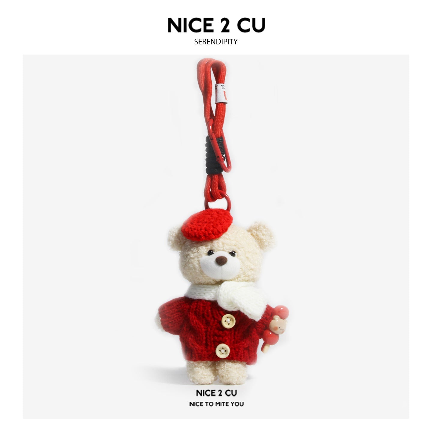 Candy Hawthorn Boy plush teddy bear charm wearing red coat and cap, white scarf, with candy-skewer side accessory