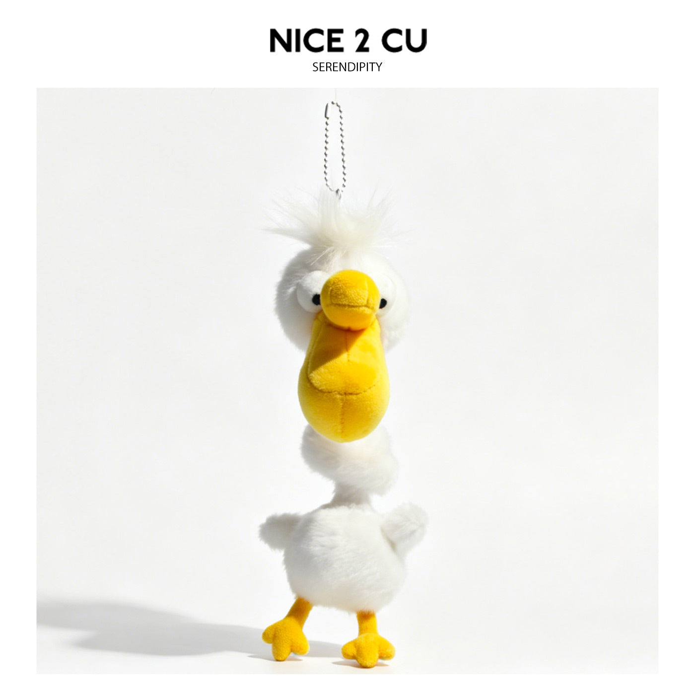 White and yellow pelican plush keychain charm with elongated neck and oversized yellow beak