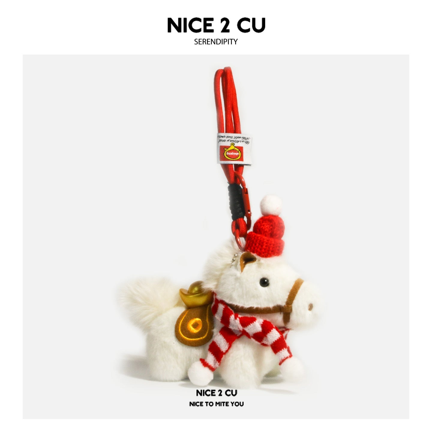 White plush horse ornament with red-and-white striped scarf, red hat, and carabiner hook attachment