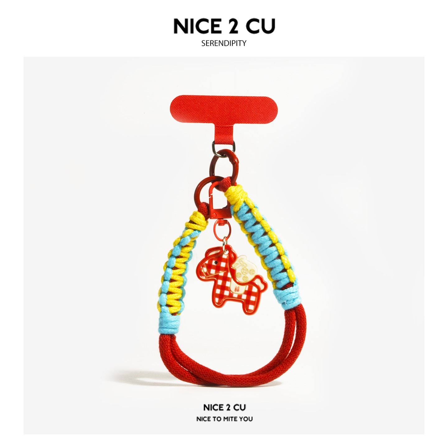 Red checkered phone wrist strap with bright blue and yellow coil wrapping and red patterned horse charm