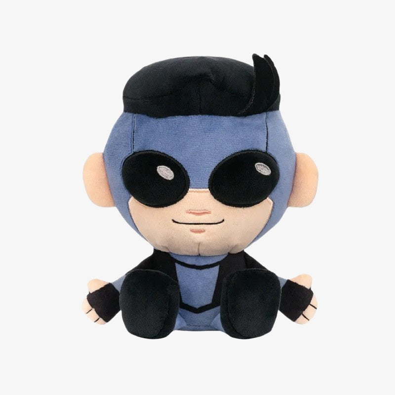 The ZoDoll Invincible Animated Series Plush Toy Collection features a soft 18x20cm superhero stuffed doll with black hair, large glasses, a blue outfit, and black boots, sitting upright against a white background.