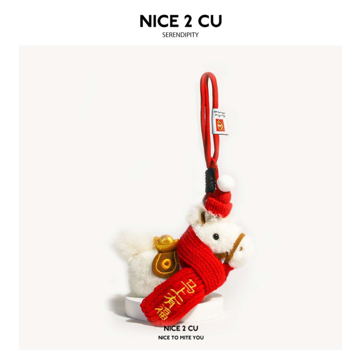 White plush horse ornament with red scarf and hook-and-clip hanging cord – blessing variant