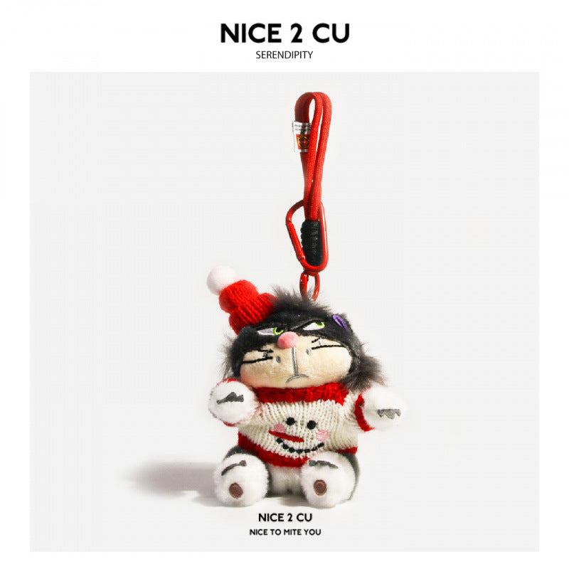 Grumpy cat plush keychain charm in a white knitted snowman sweater and red Santa hat with white pom-pom