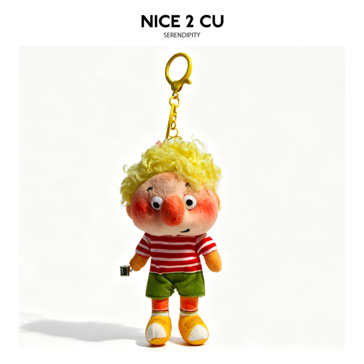 Yellow curly-hair freckled boy plush doll keychain wearing red-and-white striped shirt and green shorts