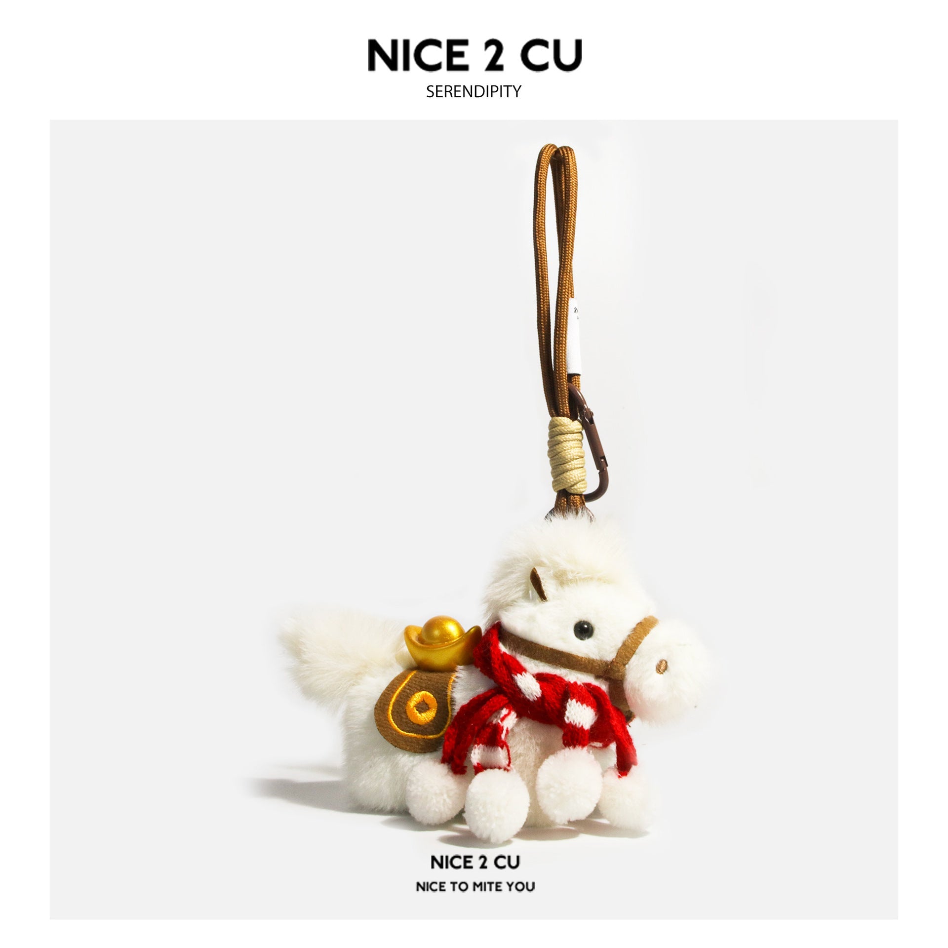 White plush horse ornament with double-layer red-and-white scarf, gold ingot accent, and brown hanging loop