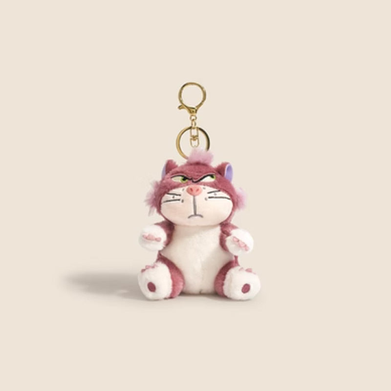 Rose red and white grumpy cat plush keychain pendant with gold metal clip, front-facing seated pose