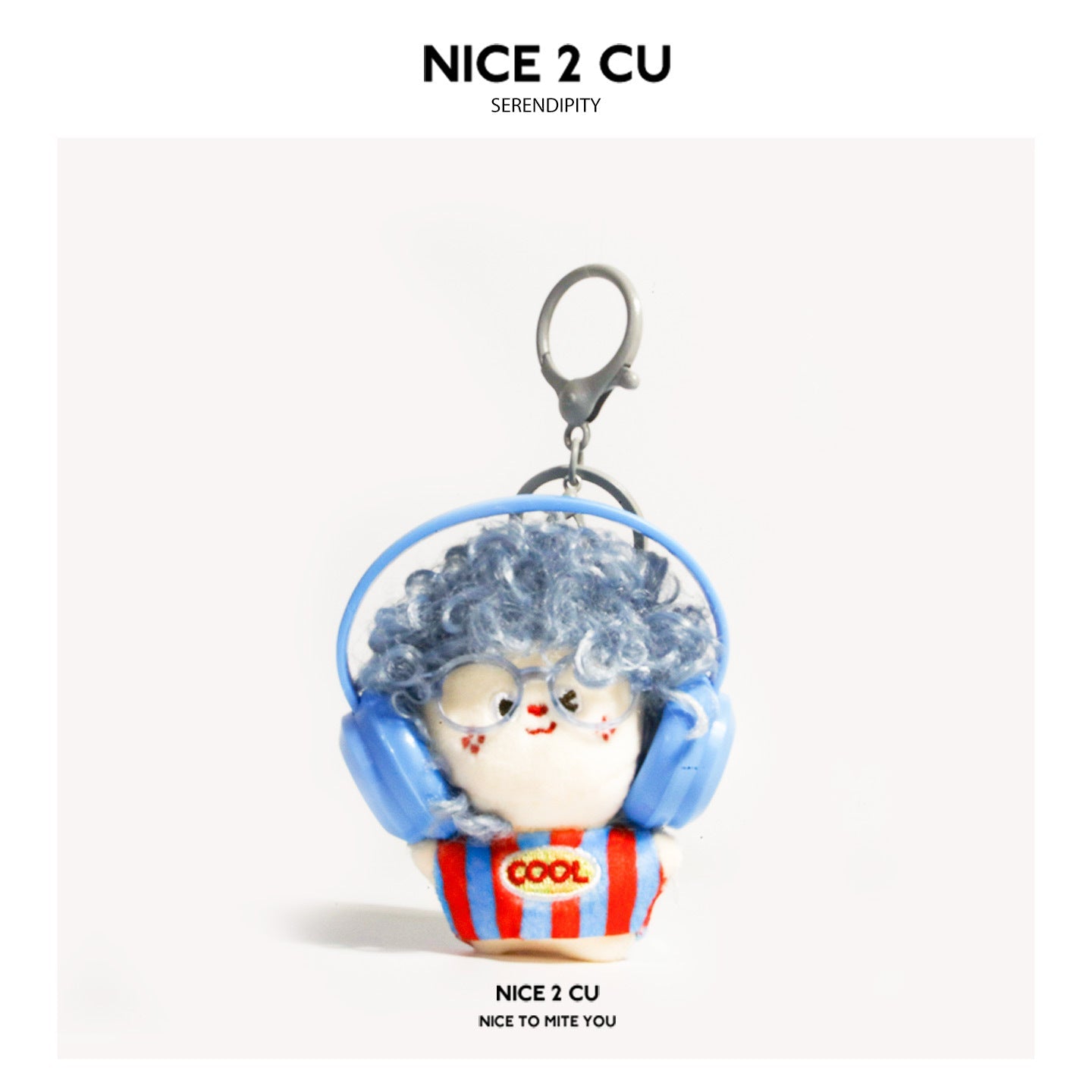 Light blue curly-hair plush doll keychain with blue glasses, blue headphones, and COOL patch, blue-red striped outfit