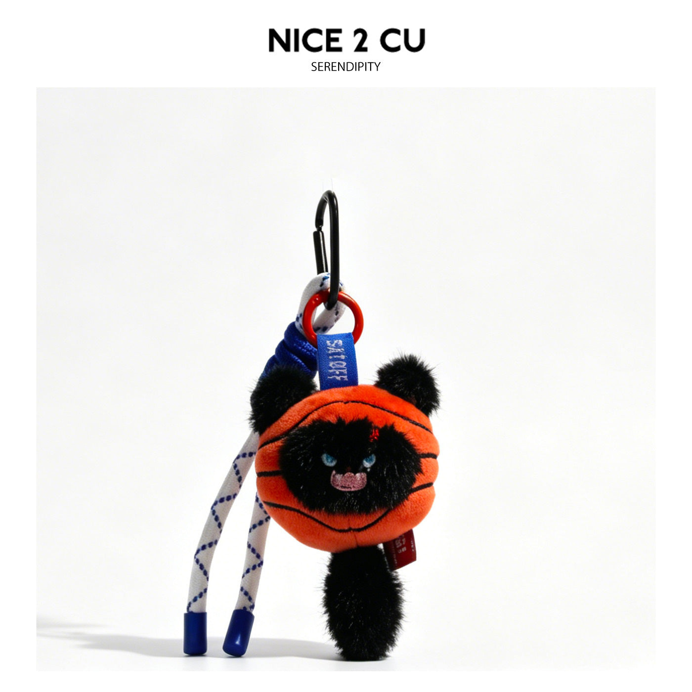 Black standing plush cat keychain with basketball and extra patterned hanging cords