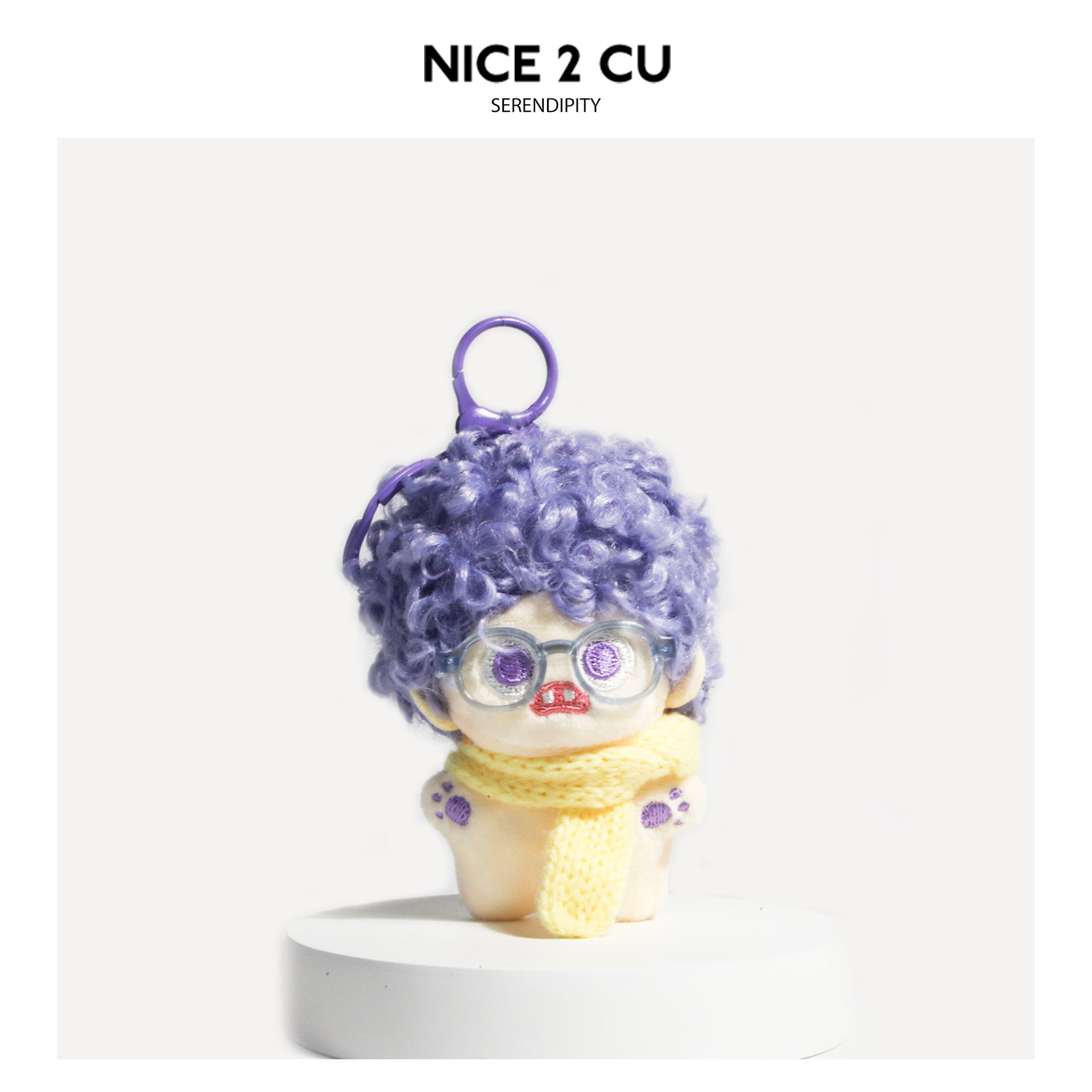 Purple curly-hair plush doll bag charm with clear glasses and yellow knitted scarf, purple hanging ring
