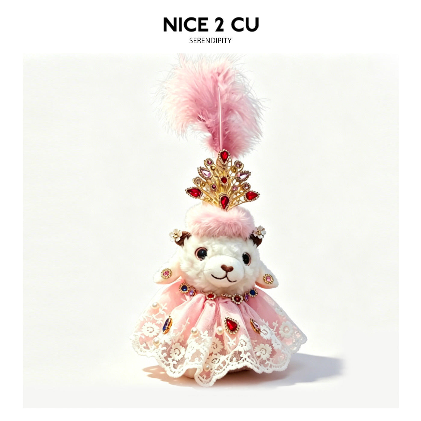 Plush lamb figurine in pink lace skirt with gold peacock-fan crown and pink feather plume